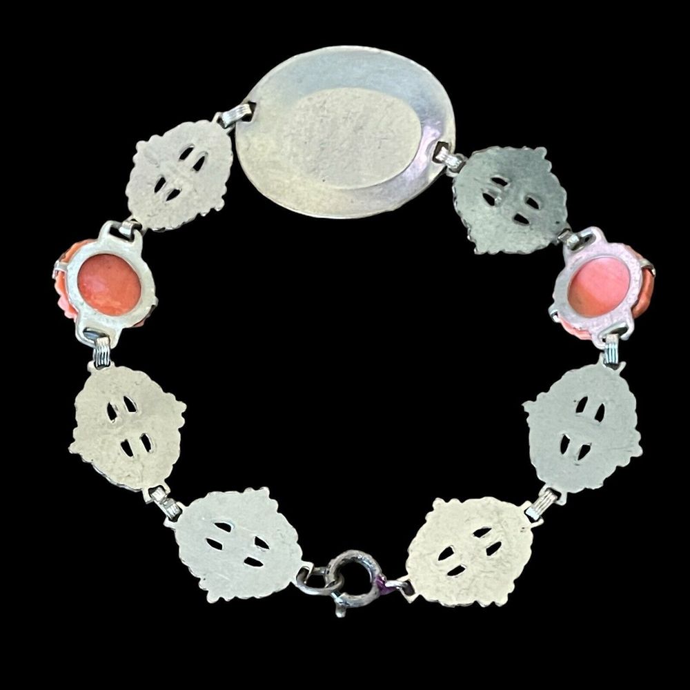 Art Deco Carved Glass Coral Color Link Bracelet 7.5” Sterling Finding - Picture 4 of 7